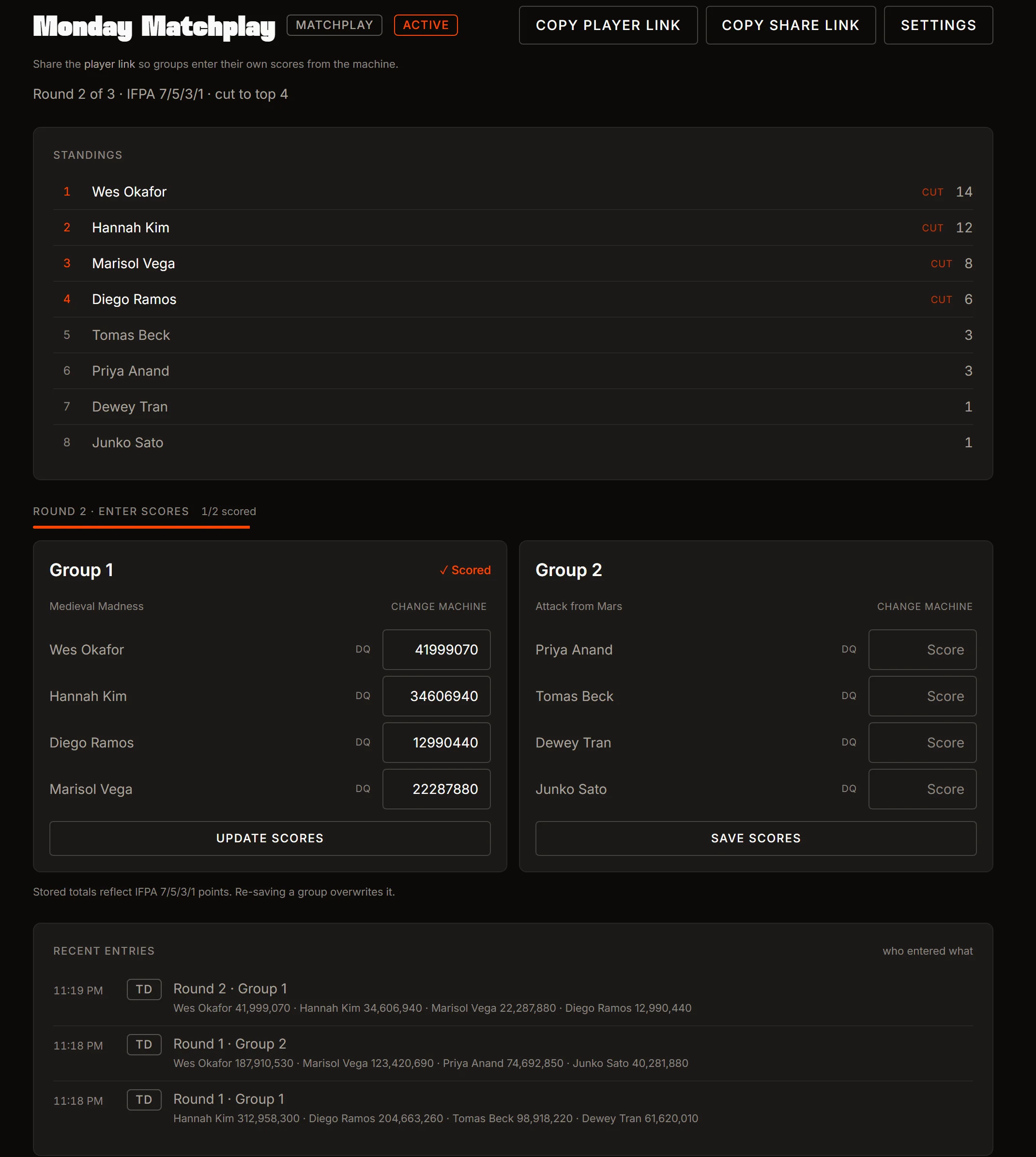 The tournament cockpit mid matchplay: round 2 of 3, live standings with the cut to top 4 marked, two groups entering scores, and the recent entries log