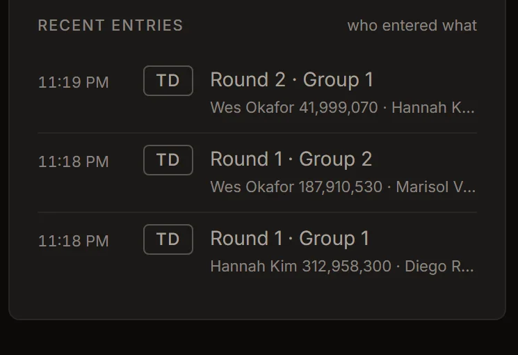 The cockpit's recent entries log: who entered what, round by round, each row stamped with a time and the TD tag